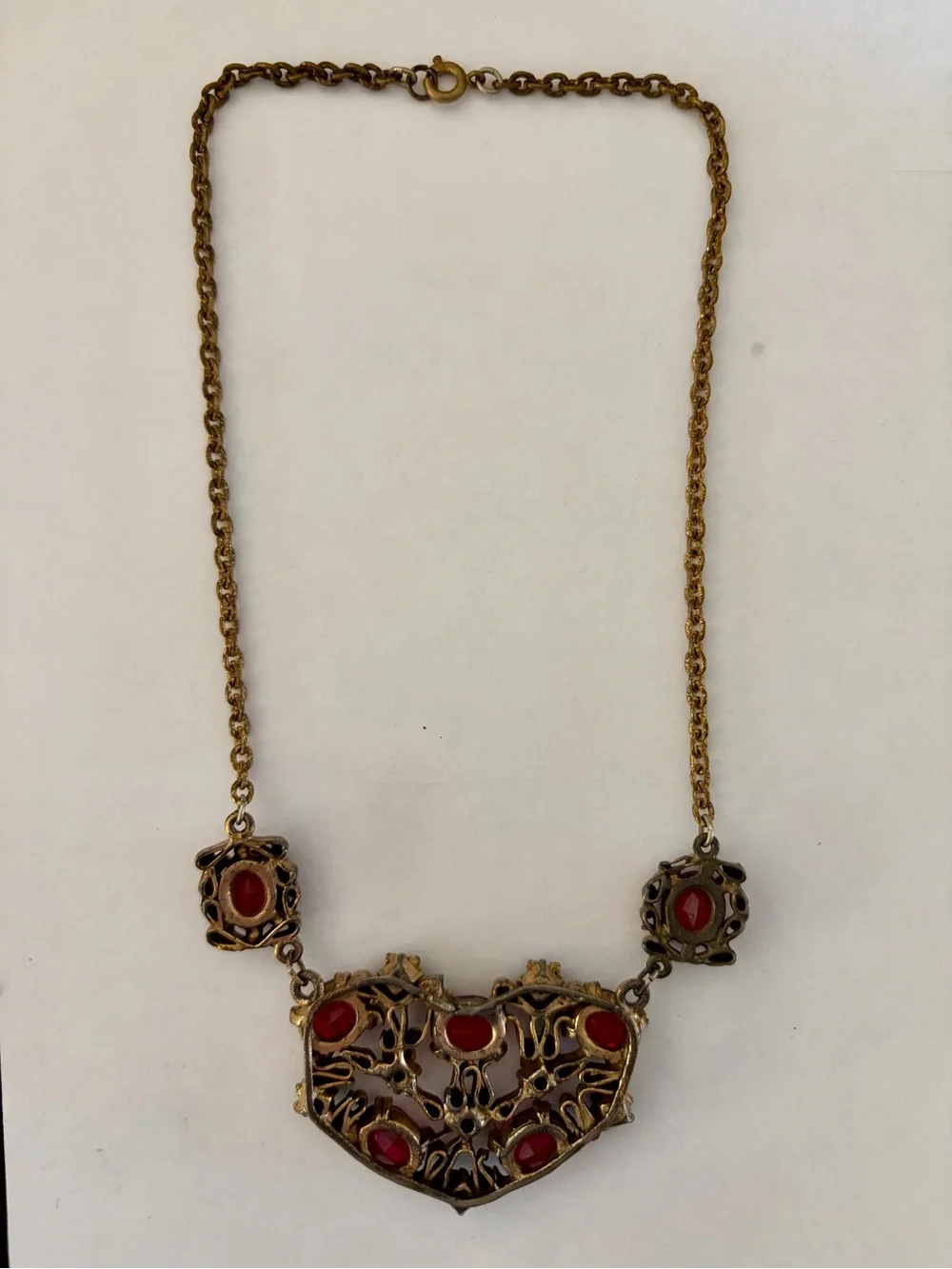 Vintage Art Nouveau Red Crystal Statement Chocker Necklace Gold Tone